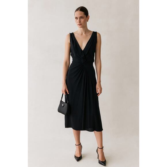 Prada Vintage 90s Y2K Black Sleeveless Ruched Draped Midi Cocktail Dress 44 US 8 - Picture 1 of 14